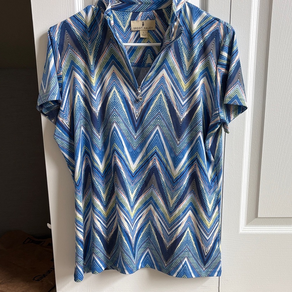 Sport Haley Blue Chevron-Print Short Sleeve Quarter-Zip Polo